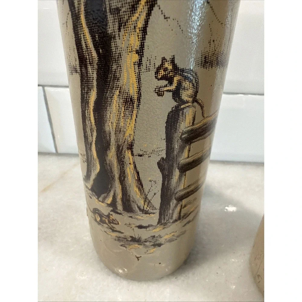 Vintage Set Of 2 Glass Pillar Candles Forest Covered Bridge Scenes